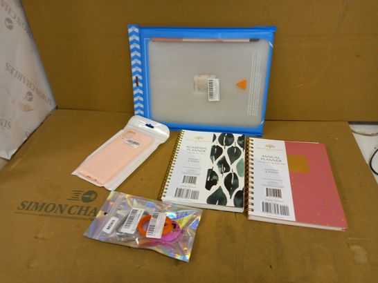 BOX OF APPROX 5 ASSORTED ITEMS TO INCLUDE IPAD CASE, PINK PHONE COVER AND PLANNERS