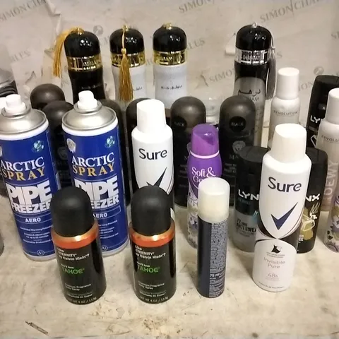 2 TOTES OF ASSORTED AEROSOLS INCLUDING DEODORANT, PIPE FREEZER SPRAY, SUPER DEWY FIXING SPRAY, AIR FRESHENER AND SPEED WAX