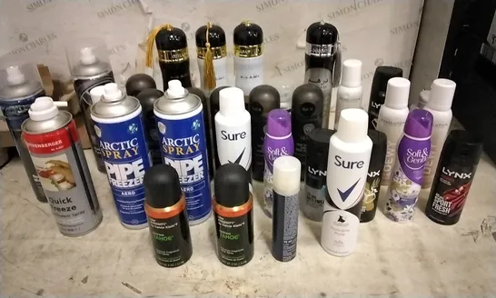 2 TOTES OF ASSORTED AEROSOLS INCLUDING DEODORANT, PIPE FREEZER SPRAY, SUPER DEWY FIXING SPRAY, AIR FRESHENER AND SPEED WAX