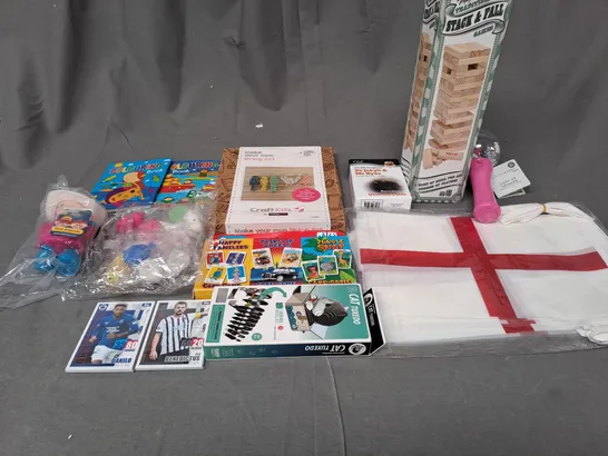 BOX OF ASSORTED TOYS AND GAMES TO INCLUDE JENGA, CARD GAMES AND COLOURING BOOKS 