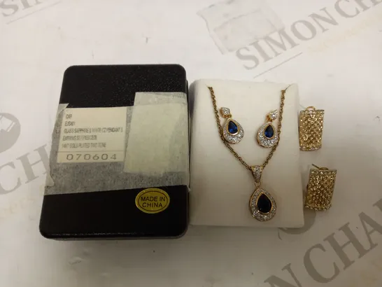 DESIGNER GLASS SAPPHIRE & WHITE CUBIC ZIRCONIA PENDANT & EARRING SET 14KT GOLD PLATED TWO TONE