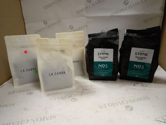 LOT OF 5 ASSORTED COFFEE PACKS TO INCLUDE LA CABRA & LYONS