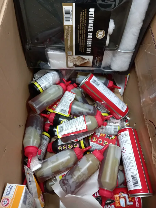 BOX OF APPROXIMATELY 20 ASSORTED ITEMS TO INCLUDE SPRAY PAINT, WOOD ADHESIVE, GORILLA FILLER ETC