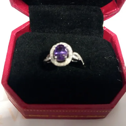 9CT WHITE GOLD AMETHYST AND DIAMOND HALO RING WEIGHING +1.10CT