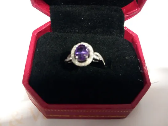 9CT WHITE GOLD AMETHYST AND DIAMOND HALO RING WEIGHING +1.10CT