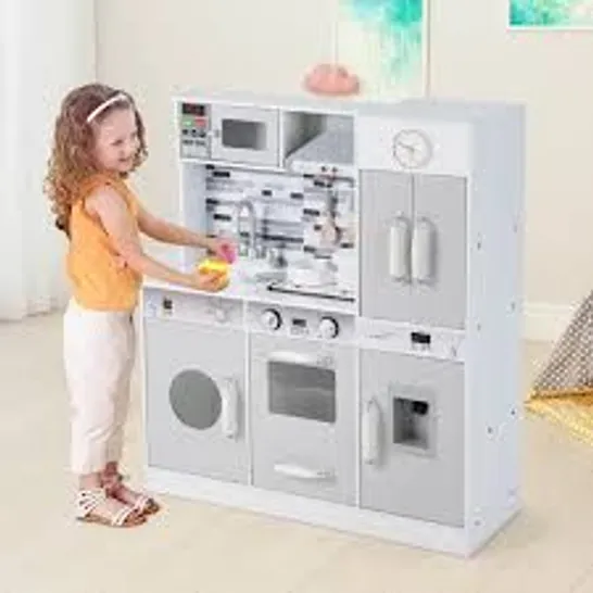 BOXED COSTWAY KID WOODEN PLAY KITCHEN SET WITH REALISTIC MICROWAVE AND SOUNDS - GREY