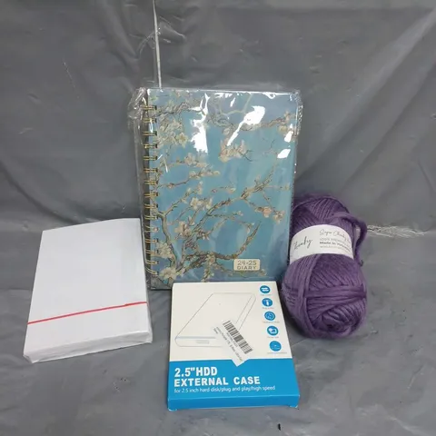 APPROXIMATELY 20 HOUSEHOLD AND ELECTRICAL ITEMS TO INCLUDE NOTEBOOKS, ENVELOPS AND WOOL