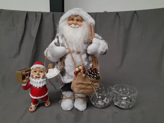 LARGE ASSORTMENT OF FESTIVE HOUSEHOLD AND DECORATIVE ITEMS TO INCLUDE SANTA MUSIC GNOME, SANTA DECORATION, SKIERS GLASS CAPPUCCINO MUG, ETC - COLLECTION ONLY