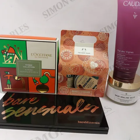 BOX OF APPROX 20 COSMETIC ITEMS TO INCLUDE THE BODY SHOP SPICED ORANGE MINI GIFT SET, CLAUDALIE SHOWER GEL, L`OCCITANE VOYAGE COLLECTION