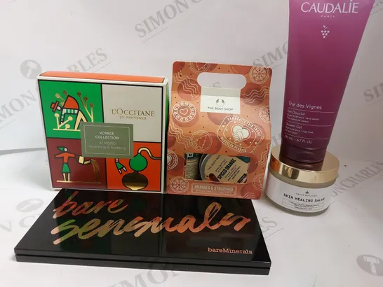 BOX OF APPROX 20 COSMETIC ITEMS TO INCLUDE THE BODY SHOP SPICED ORANGE MINI GIFT SET, CLAUDALIE SHOWER GEL, L`OCCITANE VOYAGE COLLECTION