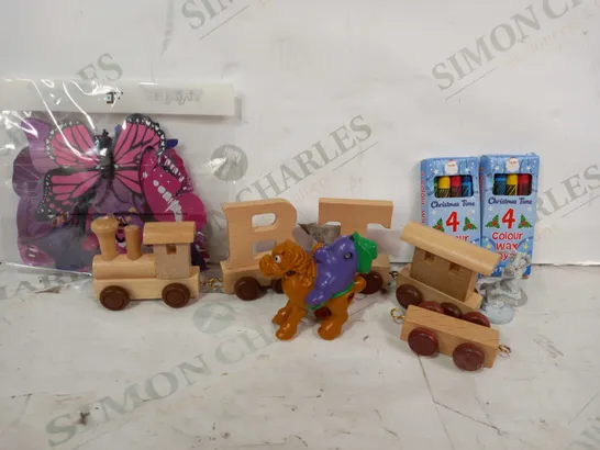 BOX OF APPROXIMATELY 15 ASSORTED TOYS AND GAMES TO INCLUDE 3D BUTTERFLY DECORATION, WOODEN LETTER TRAIN, CRAYONS, ETC