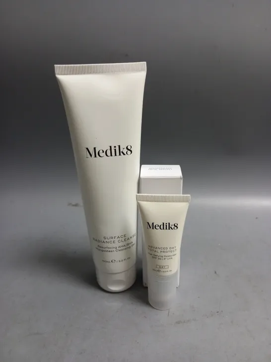 LOT OF 2 MEDIK8 SURFACE RADIANCE CLEANSING GEL 150ML AND ADVANCED DAY PROTECT SPF 30 FACE CREAM 15ML