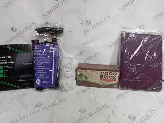 BOX OF APPROXIMATELY 30 ASSORTED ITEMS TO INCLUDE - LX FOLDING CANE - TEAM RH KITCHEN SCALE - COCO BRICK - COLLECTION ONLY 