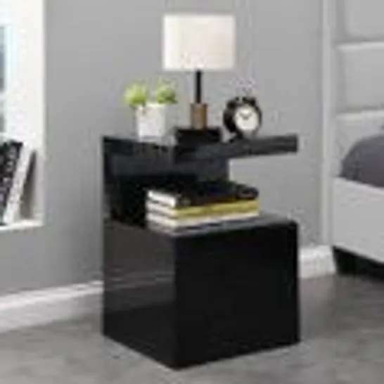 BOXED VOLTAIRE CONTEMPORARY SIDE TABLE IN BLACK HIGH GLOSS WITH 1 DRAWER (1 BOX)