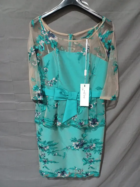 CARLA RUIZ MESH SLEEVE FLORAL DRESS IN GREEN MULTI - UK 14