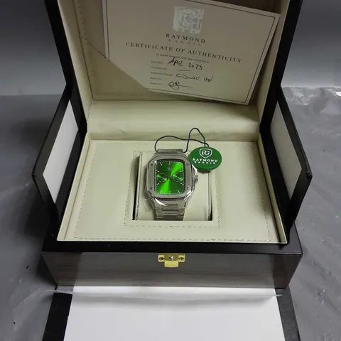 MENS RAYMOND GAUDIN WATCH IN GREEN/SILVER MULTI FUNCTION DIAL STAINLESS CASE & STRAP 5ATM WATER RESISTANT WOODEN GIFT BOX