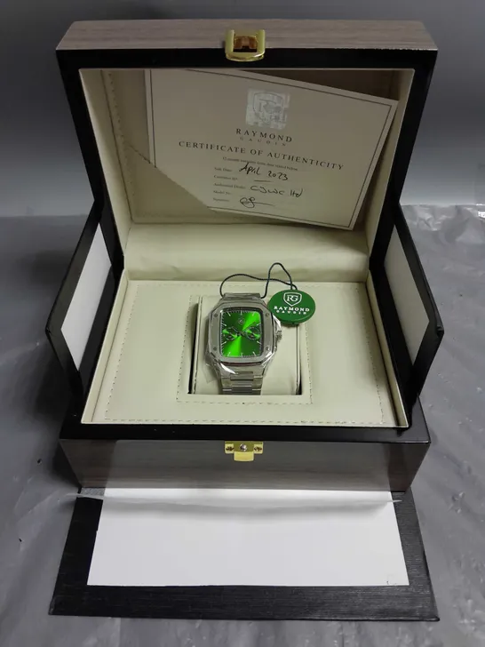 MENS RAYMOND GAUDIN WATCH IN GREEN/SILVER MULTI FUNCTION DIAL STAINLESS CASE & STRAP 5ATM WATER RESISTANT WOODEN GIFT BOX