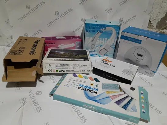 BOX OF APPROXIMATELY 8 ASSORTED ITEMS TO INCLUDE A PANASONIC BATTERY SET,A NECK MASSAGER AND A UV/LED NAIL LAMP