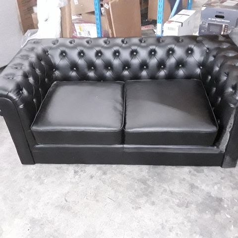 DESIGNER BLACK LEATHER FIXED 2 SEATER CHESTERFIELD SOFA 