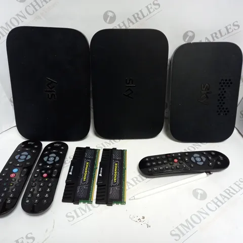 APPROXIMATELY 10 ASSORTED ELECTRICAL PRODUCTS TO INCLUDE REPLACEMENT REMOTES, SKY BOX, DDR3 RAM ETC 