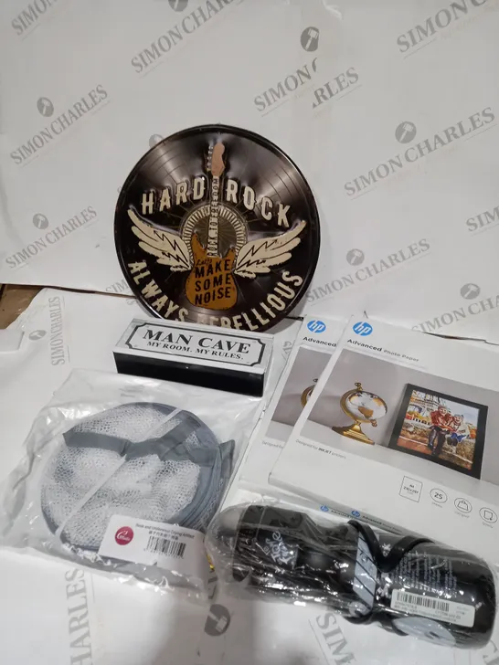 BOX OF ITEMS APPROXIMATELY 10 TO INCLUDE HARD ROCK SIGN, MAN CAVE SIGN, ADVANCED PHOTO PAPER ETC