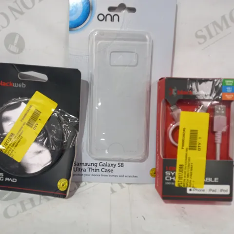 BOX OF APPROXIMATELY 15 ASSORTED ELECTRICAL ITEMS TO INCLUDE BLACKWEB SYNC AND CHARGE CABLE, ONN SAMSUNG GALAXY S8 THIN CASE, BLACKWEB WIRELESS CHARGING PAD, ETC