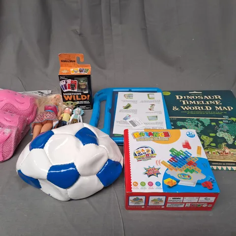 BOX OF ASSORTED TOYS AND GAMES TO INCLUDE FOOTBALL, IPAD CASE AND BARBIE DOLLS