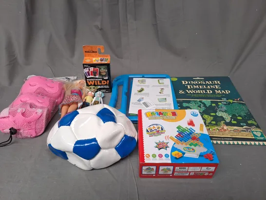 BOX OF ASSORTED TOYS AND GAMES TO INCLUDE FOOTBALL, IPAD CASE AND BARBIE DOLLS