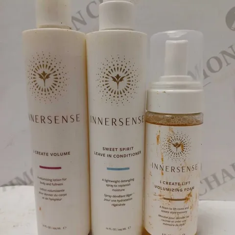 LOT OF 3 INNERSENSE PRODUCTS TO INCLUDE VOLUMIZING LOTION, LEAVE-IN CONDITIONER, VOLUMIZING FOAM 