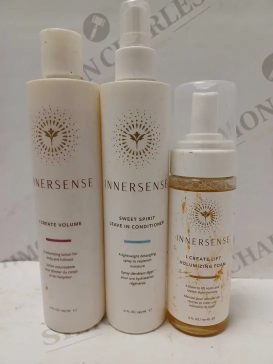 LOT OF 3 INNERSENSE PRODUCTS TO INCLUDE VOLUMIZING LOTION, LEAVE-IN CONDITIONER, VOLUMIZING FOAM 