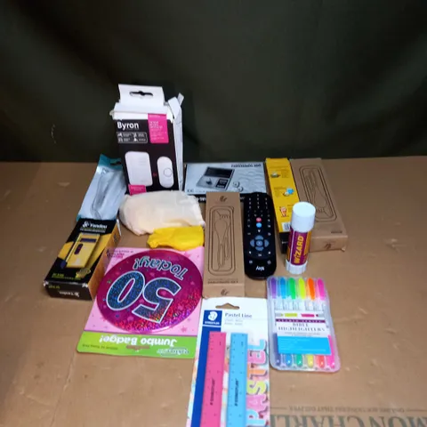 BOX OF ASSORTED ITEMS TO INCLUDE REMOTE CONTROLS, PENS AND DOORBELL