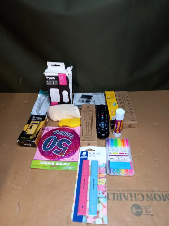 BOX OF ASSORTED ITEMS TO INCLUDE REMOTE CONTROLS, PENS AND DOORBELL