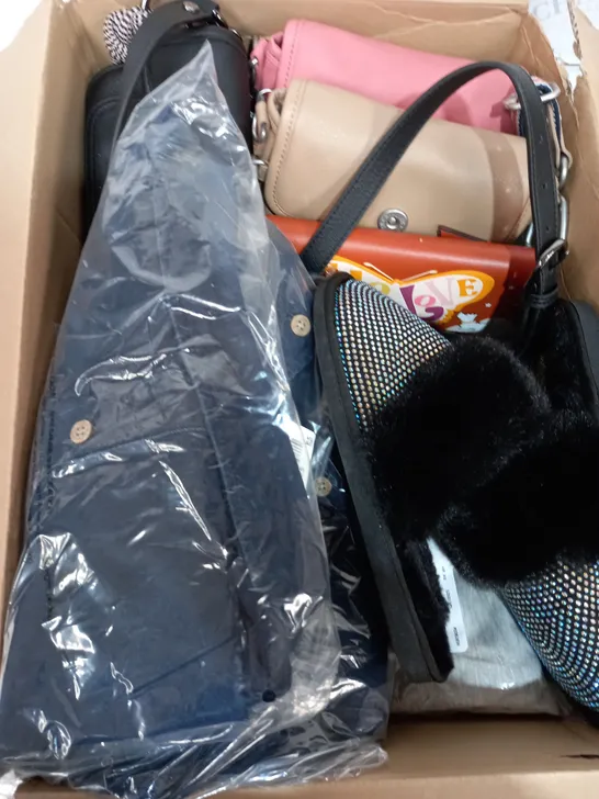 BOX OF APPROXIMATELY 10 ASSORTED ITEMS TO INCLUDE SLIPPERS, BAGS, PURSES ETC