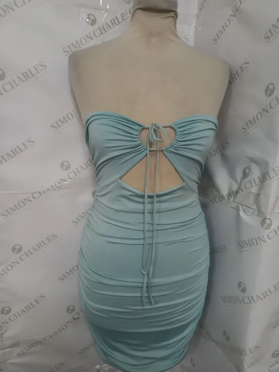 OH HOLLY STRAPLESS TIE FRONT RUCHED MINI DRESS IN PALE BLUE SIZE 12