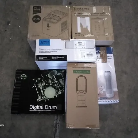 PALLET OF ASSORTED ITEMS INCLUDING ELEHOMES ULTRASONIC HUMIDIFIER, COMPACT HI-FI STEREO SYSTEM, DIGITAL DRUM, AIR MULTIPLIER TOWER FAN, ICE MAKER, CERAMIC SPACE HEATER