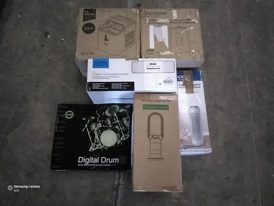 PALLET OF ASSORTED ITEMS INCLUDING ELEHOMES ULTRASONIC HUMIDIFIER, COMPACT HI-FI STEREO SYSTEM, DIGITAL DRUM, AIR MULTIPLIER TOWER FAN, ICE MAKER, CERAMIC SPACE HEATER