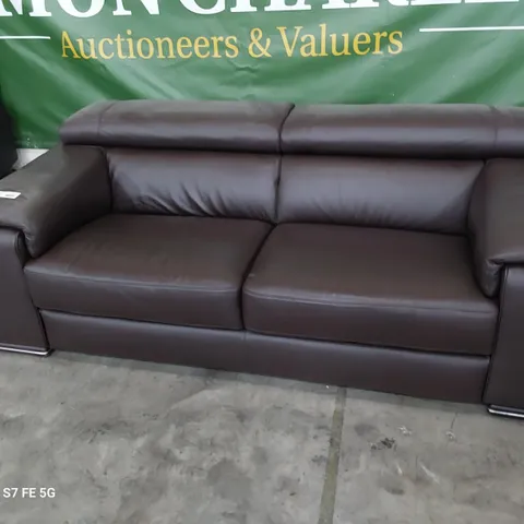 QUALITY ITALIAN DESIGNER ARIA THREE SEATER SOFA WITH ADJUSTABLE HEADRESTS BROWN LEATHER 