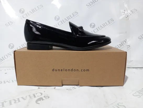 BOXED PAIR OF DUNE LONDON LOAFERS IN GLOSSY BLACK SIZE 6