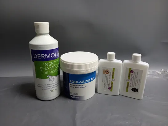 4 ASSORTED PET CARE PRODUCTS TO INCLUDE VETPLUS EQUI-SALVE F.R. EXTERNAL SALVE, DESHED SHAMPOO SAMPLE, DERMOLINE INSECT SHAMPOO FOR HORSES   