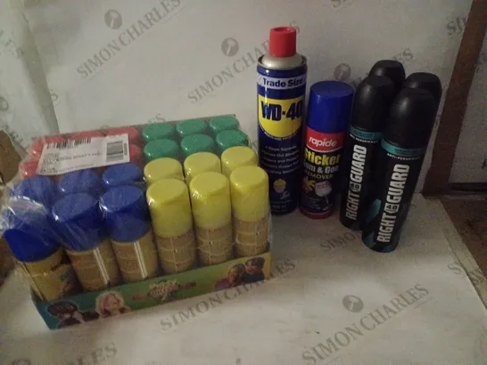 BOX OF HOUSEHOLD ITEMS TO INCLUDE SILLY STRING SPRAYS , RIGHT GUARD ANTI-PERSPIRANT , ETC