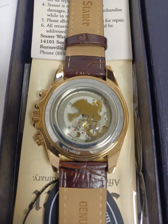 BOXED STAUER GENTS SPEEDWAY AUTOMATIC WATCH GENUINE LEATHER - BROWN & GOLD