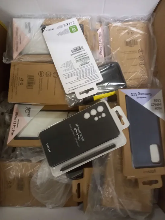 BOX OF APPROXIMATELY 80 PHONE CASES IN VARIOUS MODELS, STYLES AND COLOURS TO INCLUDE SAMSUNG GALAXY S21, IPHONE 11, GALAXY S8+  ETC