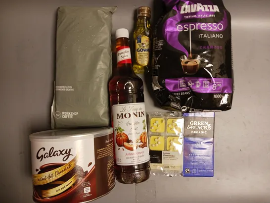 BOX OF APPROX 8 ASSORTED FOOD ITEMS TO INCLUDE - LAVAZZA ESPRESSO ITALIANO COFFEE BEANS 1000G - HOTEL CHOLOLAT LEMON CHEESECAKE CHOCOLATES - GALAXY INSTANT HOT CHOCOLATE ETC