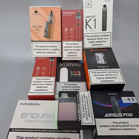 BOX OF APPROXIMATELY 15 ASSORTED E-CIGARATTES TO INCLUDE VAPEROSSO , ASPIRE, INNOKIN ETC.