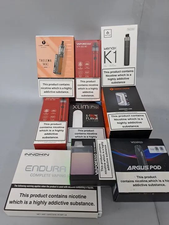 BOX OF APPROXIMATELY 15 ASSORTED E-CIGARATTES TO INCLUDE VAPEROSSO , ASPIRE, INNOKIN ETC.