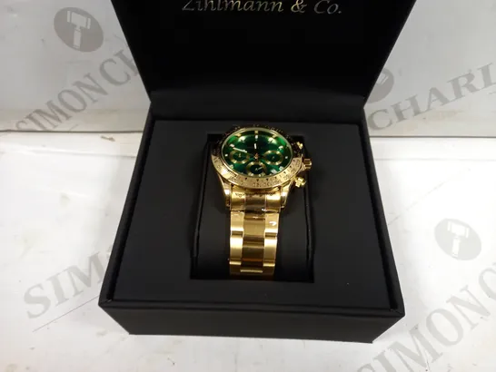 MENS ZIHLMANN & Co Z400 WATCH – CHRONOGRAPH MOVEMENT – GOLD COLOUR STAINLESS STEEL STRAP – GREEN DIAL – 3ATM WATER RESISTANT 