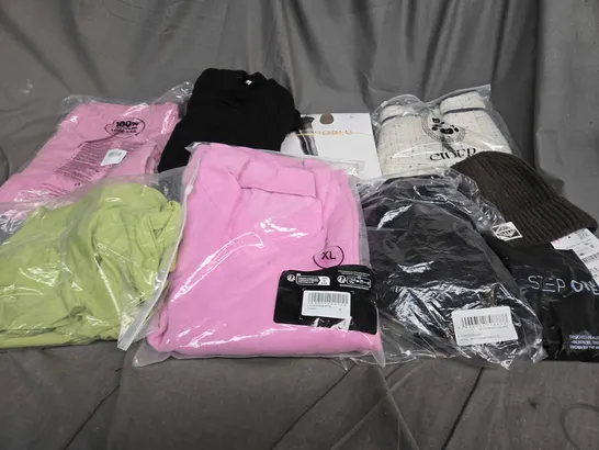 BOX OF ASSORTED CLOTHING ITEMS IN VARIOUS COLOURS, STYLE AND SIZES 