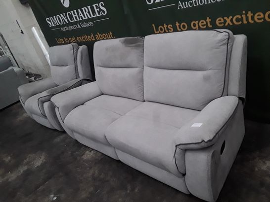 QUALITY EXPRESSIONS GREY FABRIC MANUALLY RECLINING THREE SEATER SOFA AND POWER RECLINING ARMCHAIR