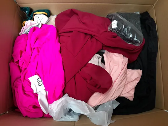 BOX OF APPROXIMATELY 25 ASSORTED CLOTHING ITEMS TO INCLUDE - TROUSERS , T-SHIRT , SOCKS ETC