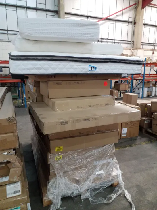 PALLET OF ASSORTED FLATPACK FURNITURE PARTS & 3 ASSORTED MATTRESSES